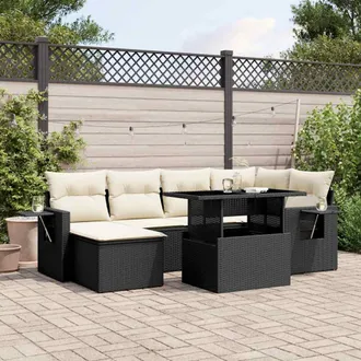 vidaXL Vidaxl - Set De Sof&aacute;s De Jard&iacute;n 7 Pzas Con Cojines Rat&aacute;n Sint&eacute;tico Negro