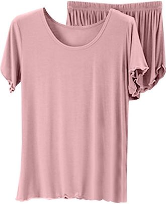Generic Womens Modal Cotton Summer Pajama Set - Short Sleeve Top & Shorts Lounge Wear | Loose Fit Plus Size Sleepwear with Scallop Hem for Nightwear & Home We