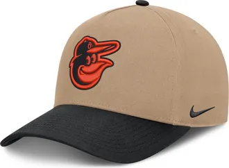 Nike Baltimore Orioles Rise Nike Mens MLB A-Frame Trucker Adjustable Hat in Brown | NB1D0A3UOLE-TZD