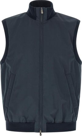Brunello Cucinelli Blue Solid Mock Collar Jacket