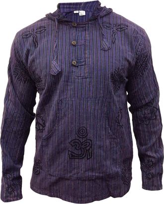 Shopoholic Fashion Mens Stonewashed Striped Hooded Grandad Shirt (4XL,Purple)