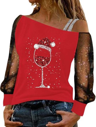 Generic Ladies Party Tops Sparkly Tops for Women UK Party Wear Lace Mesh Sheer Long Sleeve Top Elegant Dressy Blouse Crew Neck Sequin Tee Shirts Trenddy Casua
