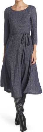 Nina Leonard Three-Quarter Sleeve A-Line Metallic Ribbed Midi Dress in Navy/silvr at Nordstrom Rack, Size Small