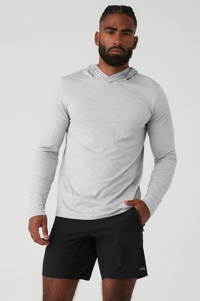 Alo | Conquer Reform Long Sleeve With Hood Sweatshirt in Athletic Heather Grey, Size: 2XL