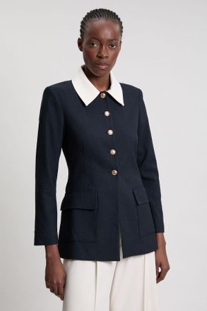 Karen Millen Womens Pinstripe High Neck Tailored Single Breasted Jacket - Monochrome Multi - Size 12 UK