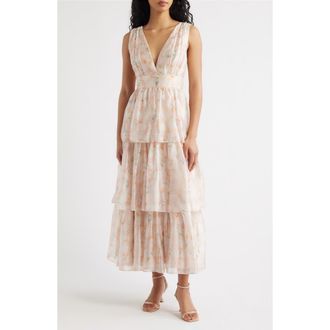 Lulus Vallia Tiered Maxi Dress in Blush Floral at Nordstrom, Size X-Large