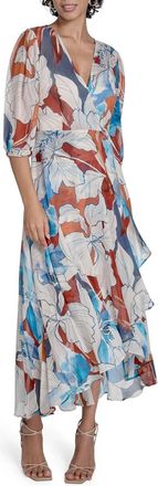 Calvin Klein Chiffon Puff Sleeve Faux Wrap Dress In Oxford Multi