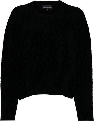 Emporio Armani Viscose trui met jacquardlogo met flockprint - Dames - Ronde hals truien - Zwart - M - Polyester - Truien & Vesten