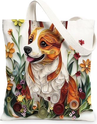 Generic Paper Quilling Corgi Dog Canvas Tote Bag for Shopping 13x15, Fun Wildflower Puppy Reusable Grocery Print Pattern Bag for Women, Pet Beach Aesthetic Pa