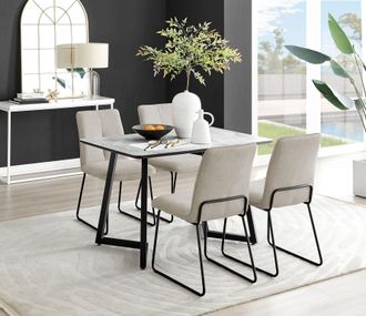 Furniturebox Carson White Marble Effect Dining Table & 4 Halleyy Chairs in Beige
