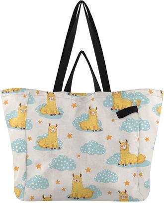 Generic Llama Yellow Clouds print Reusable Canvas Tote Bag, Heavy Duty Grocery Shopping Bag with Hard Bottom Large Capacity Double Handles Work Groceries Trav