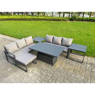 Fimous Aluminum 6-Piece Sofa Set with Lifting Table, 2 Side Table & Big Stool in Dark Grey