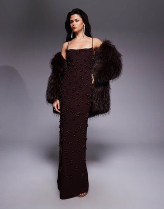 Mango Capsule - Vestito lungo color cioccolato testurizzato con spalline sottili-Marrone