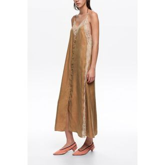 Bimba & Lola Slip Dress With Contrast Lace in Toffee at Nordstrom, Size Xx-Small Eu