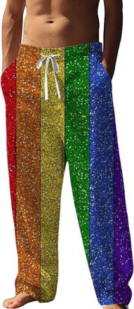 Generic Mens Trousers Sequins Drawstring Pants for Mens Elastic Waist Nightwear Club Shiny Jogger (Red, L)