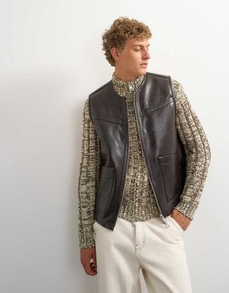 Topman gilet classico fit in pelle sintetica double-face con montone, marrone
