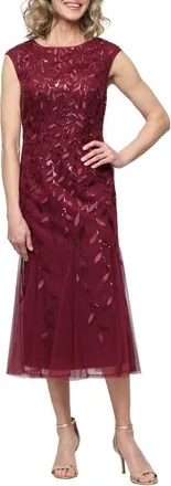 Alex Evenings Sequin Leaf Embroidery Cocktail Midi Dress in Wine at Nordstrom, Size 10