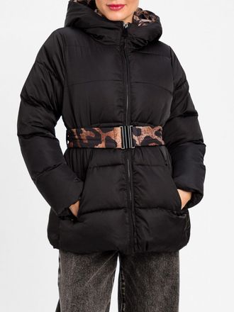 Twin-Set Short Quilted Nylon Puffer Jacket with Hood and Belt