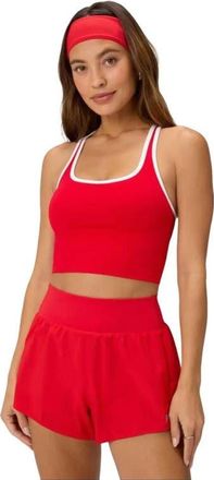 Fabletics Seamless Cropped Built-In Bra Tank in Heated Red/classic White at Nordstrom, Size X-Large