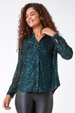 Roman Embellished Sequin Stretch Blouse