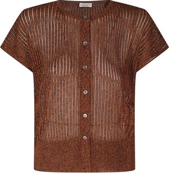 Roberto Collina Geribbelde Cardigan met Korte Mouwen - Dames - Vesten - Bruin - M - Polyester - Truien & Vesten