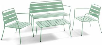 Oviala Sala de jard&iacute;n de 4 plazas y 1 mesa baja de acero verde salvia