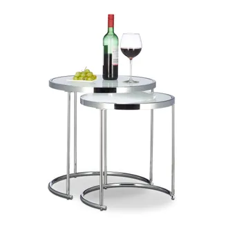 Relaxdays Relaxdays - Set 2 Mesas Auxiliares Redondas, Cristal Y Acero Cromado, Plata, 51 X 50 X 50 Cm