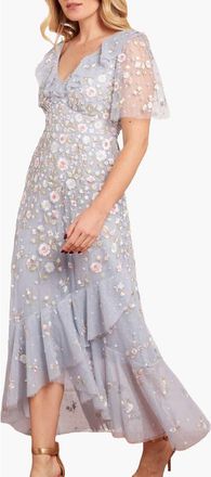 Needle & Thread Ethereal Blooms Frill Ankle Gown in Skylight/multi at Nordstrom, Size 16