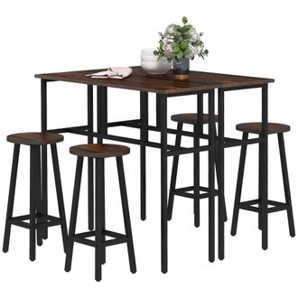 HOMCOM 6-Piece Industrial Bar Table Set - 2 Kitchen Tables With 4 Stools - Brown | TJ Hughes