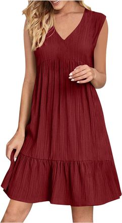 Generic Summer Dresses for Women UK Sale Clearance Sleeveless Sexy V Neck Above The Knee Swing Dress Ruched Pleated High Waisted Ruffle Dress Ladies Loose Bag