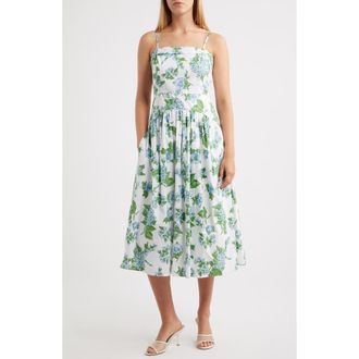 CeCe by Cynthia Steffe Floral Fold Over Neck Drop Waist Cotton Midi Sundress in Dusty Blue at Nordstrom, Size Xx-Large
