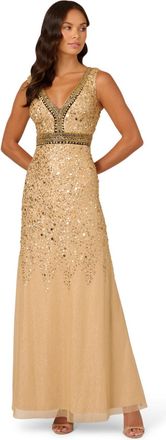 Adrianna Papell Womens Bead Metallic Long Dress - Size 16 UK