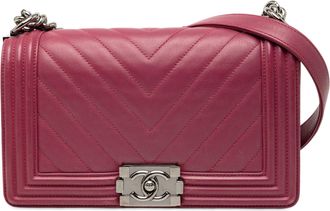Chanel Pre-owned Womens Old Medium Chevron Lambskin Boy Flap - Fuschia Leather - One Size