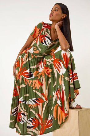 Roman Leaf Print Tiered Maxi Dress