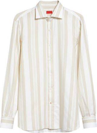 Isaia Stripe Cotton & Silk Button-Up Shirt in White Beig 01 at Nordstrom, Size 41