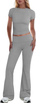 Generic Womens Tracksuits 2 Piece Y2k Outfits Short Sleeve Crop Top and Low Rise Fold Over Flare Yoga Pants Lounge Sets S-L Grey
