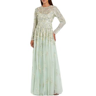 Mac Duggal Long Sleeve Sequin and Pearl Embellished Gown in Sage at Nordstrom, Size 16