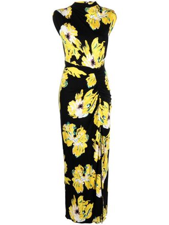 Diane Von F&uuml;rstenberg painted blossom-pattern midi dress - women - Viscose/Nylon - L - Black