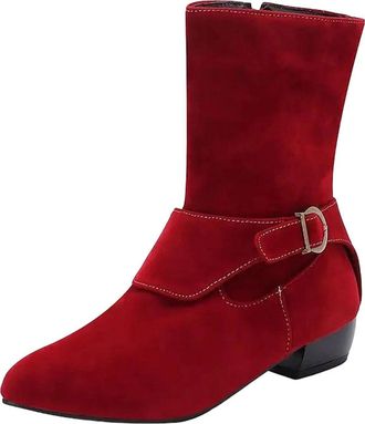 Generic Womens Leisure Mid Calf Boots Pointed Toe Low Block Heel Slip On With Platform And Decorative Belt Buckle