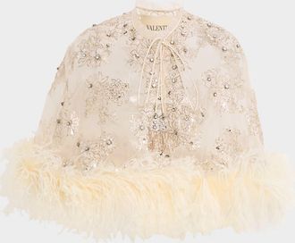 Valentino Garavani Floral Embroidered Cape With Feather Trim