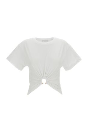 Paco Rabanne Cropped White Cotton Jersey T-Shirt with Metal Piercing Detail