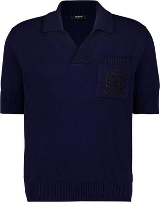 Balmain V-neck Knitwear, male, Blue, XL, &Eacute;cusson Embroidered Knit Polo Shirt