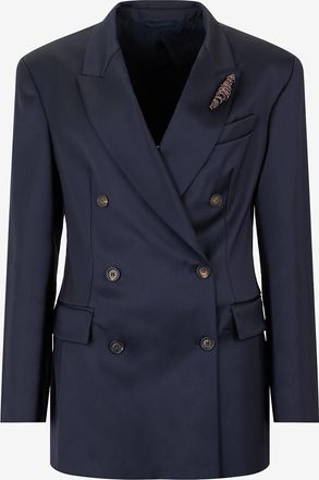 Brunello Cucinelli Zweireihiger Wollsatinblazer Shiny Brooch