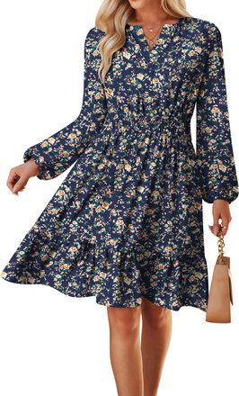 Grace Karin Women Long Sleeve Dress Elastic Waist Floral Midi Dress V-Neck A-Line Dress Navy Blue Bottom Yellow Roses
