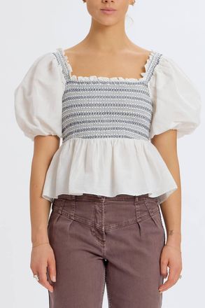 Something Navy Smocked Puff Shoulder Top In White
