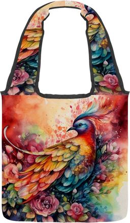 Generic Watercolor Bird Floral Reversible Canvas Shoulder Tote - Double-Sided Print, 12oz Cotton, 27cm Drop, Fold-Flat Bag for Travel, Shopping, Street Outing