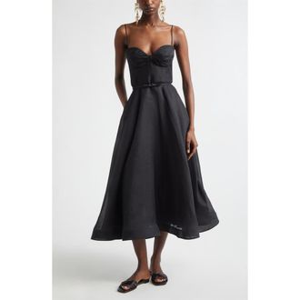 Zimmermann Kindred Spirit Luna Structured Linen & Silk Midi Cocktail Dress in Black at Nordstrom, Size 2
