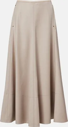 Agnona Leather-trimmed wool flannel midi skirt