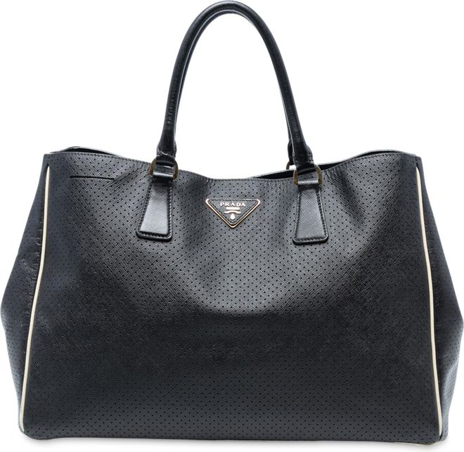 Black Large Perforated Saffiano Lux Galleria Zip Tote