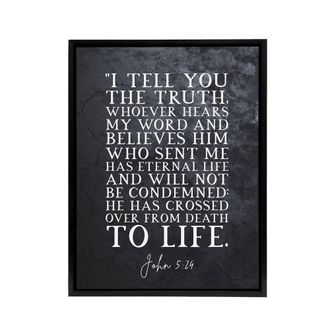 Artery8 John 5 24 Whoever Hears My Word & Bible Quote Framed Canvas Wall Art Print in Grey | Size: W24 x H32